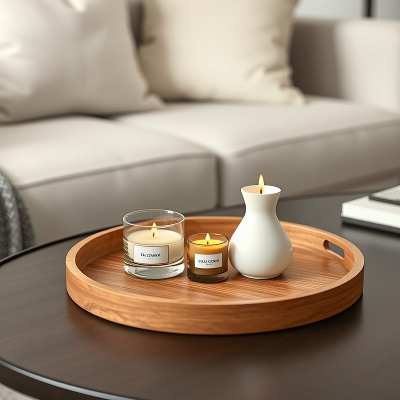 small white candles with citrus and floral labels on a coffee table tray