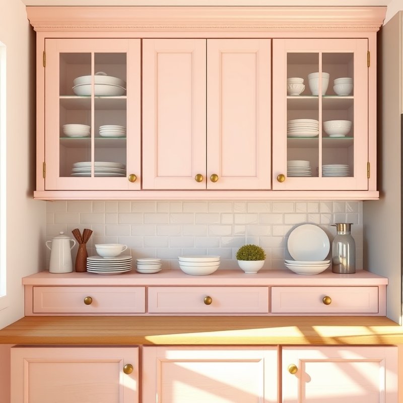 upper cabinets with pink frames and clear glass fronts, displaying white dishes