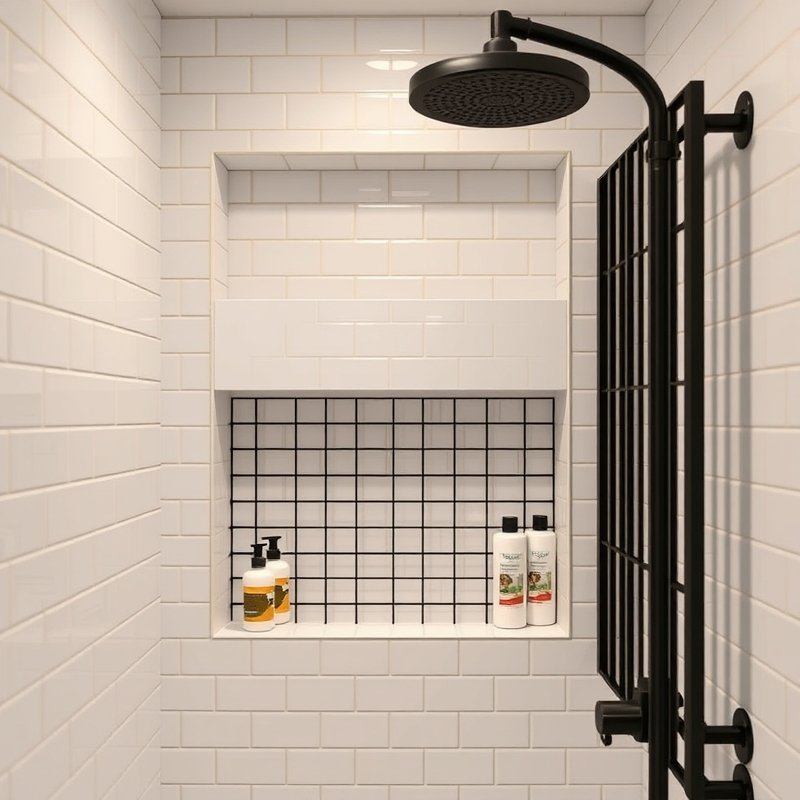 23 Black Bathroom Ideas That Look Bold, Modern, and Ultra Stylish Upgrade Your Space Today 18 shower niche with black metal grid and white tile background