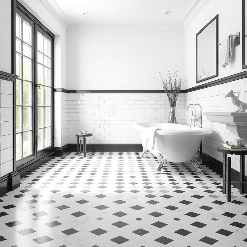24 Black and White Bathroom Ideas That Create a Timeless, Elegant Look You Must Try 2 classic checkered floor in a minimalist bathroom