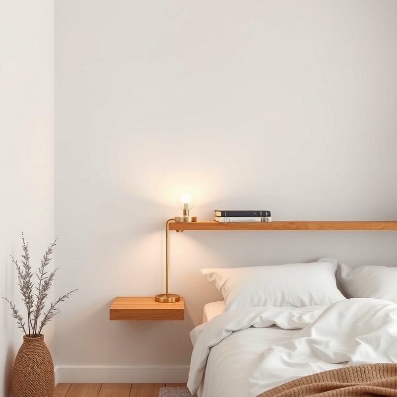 floating shelf as nightstand in compact bedroom