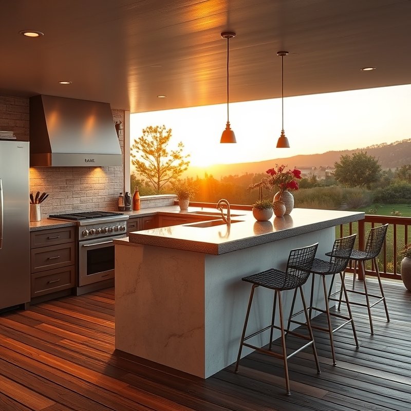 23 Kitchen Outdoor Ideas That Create the Perfect Backyard Cooking Space Start Designing Today 6 outdoor kitchen island with overhang counter and tall bar stools on a deck