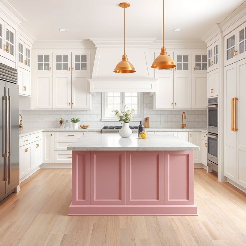 kitchen with millennial pink island and white perimeter cabinets, brass pendants