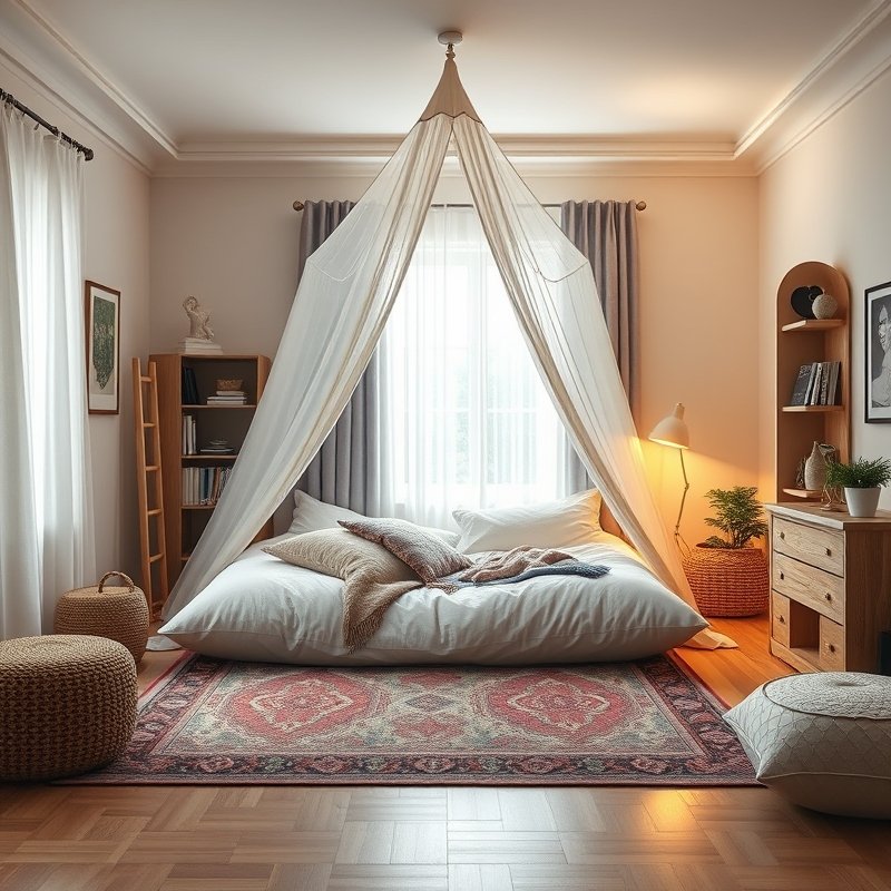 22 Teen Bedroom Ideas That Look Trendy, Cozy, and Pinterest Perfect Start Your Room Makeover 5 Oversized floor pillow reading nook with canopy and warm lamp