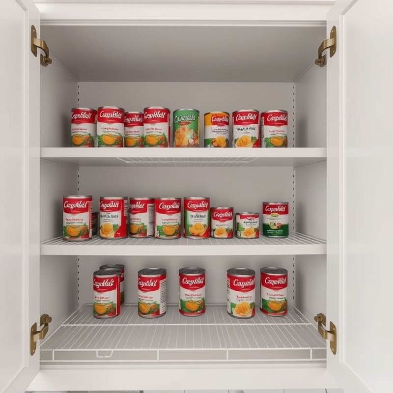 21 Kitchen Organization Ideas That Declutter Your Space and Make Cooking Easier Try These Now 9 cabinet shelf with wire risers showing rows of canned tomatoes and beans