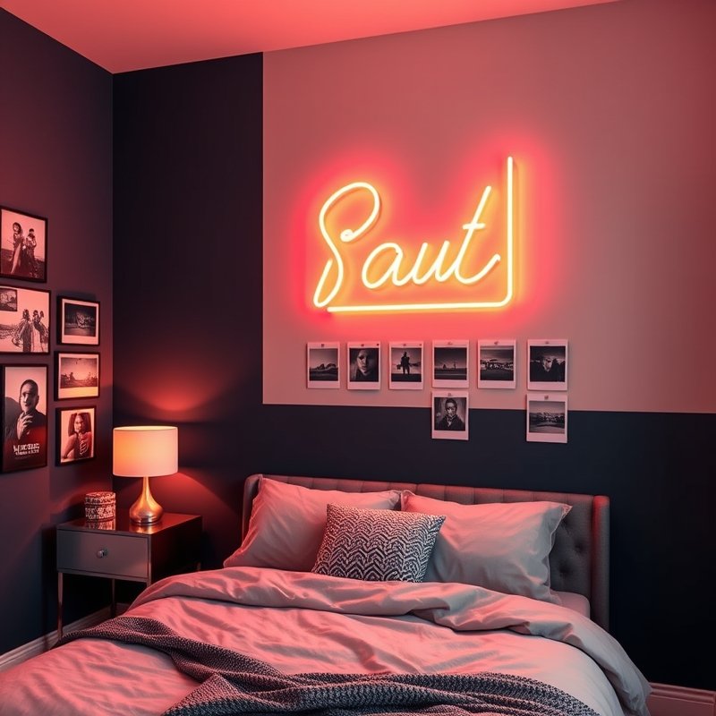 22 Teen Bedroom Ideas That Look Trendy, Cozy, and Pinterest Perfect Start Your Room Makeover 14 Custom neon sign on a dark navy wall with gallery of Polaroid photos