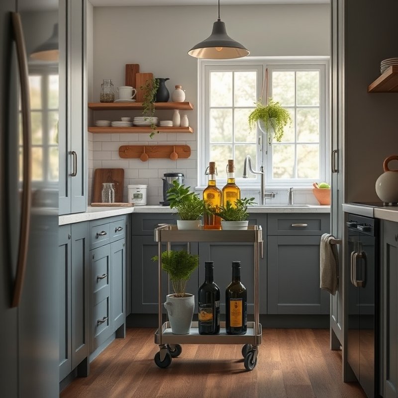 20 Kitchen Decor Ideas 2026 That Transform Your Space With Modern Style and Charm Upgrade Now 7 slim rolling cart with herbs and olive oil in kitchen
