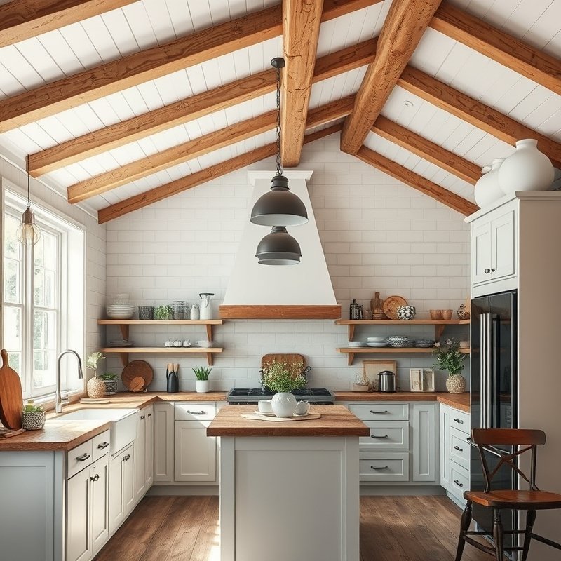 Kitchen ceiling with white beadboard paneling, rustic wood beams