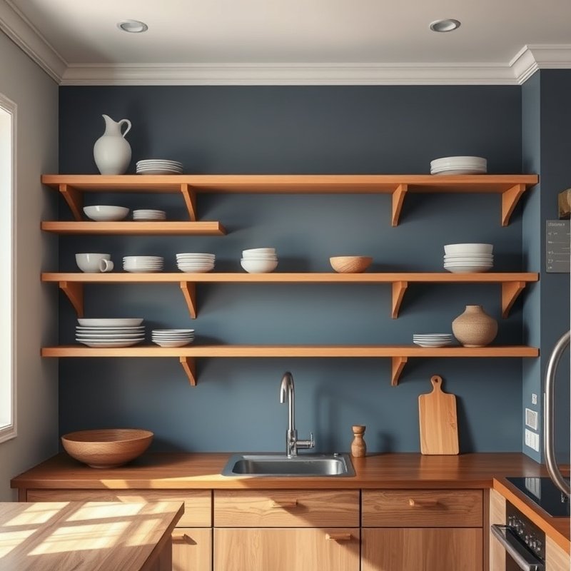 open kitchen shelves painted slate blue, displaying white dishes and wooden bowls