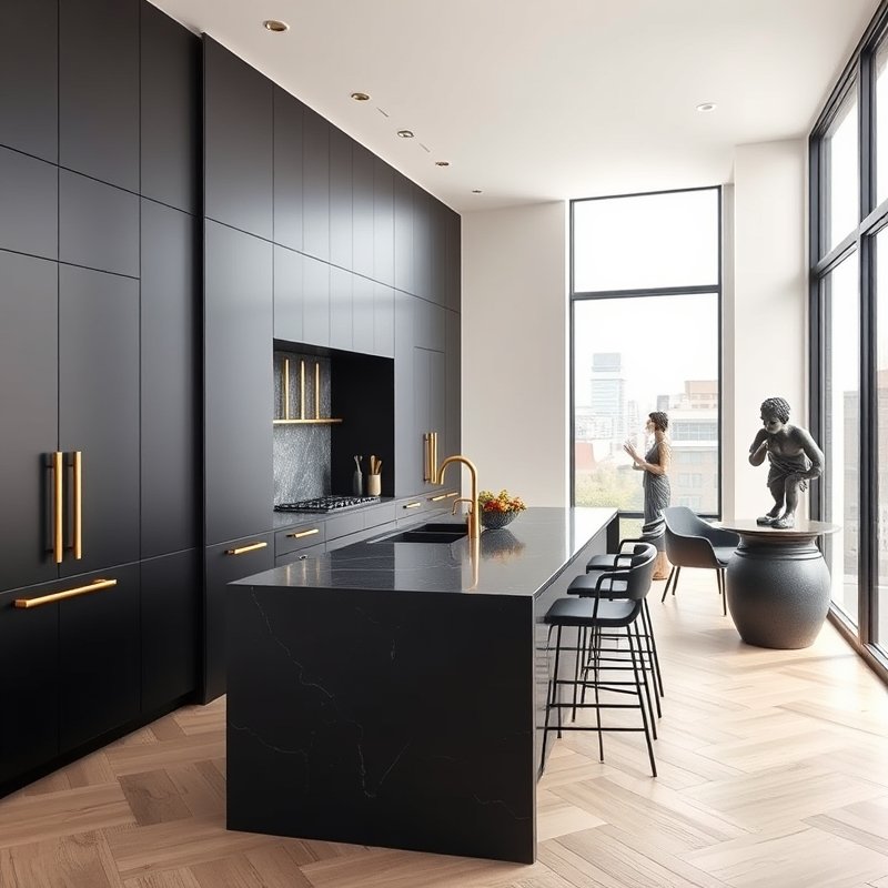 full wall of matte black kitchen cabinets with brushed gold hardware and a large window