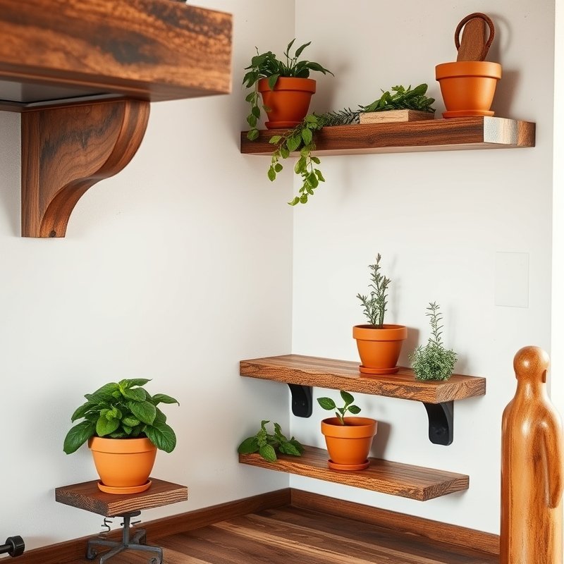 Corner wooden shelves in a kitchen with terracotta pots of basil and rosemary