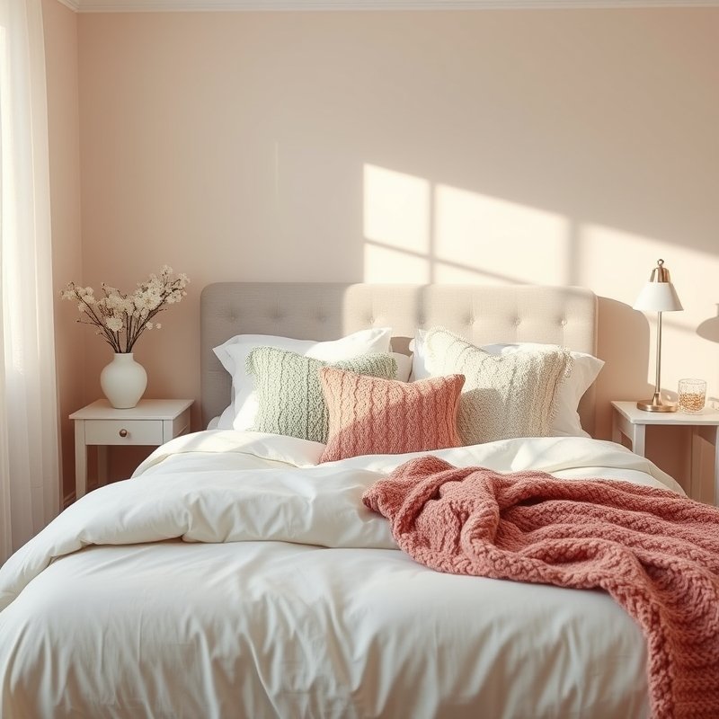 21 Teen Girl Bedroom Ideas 2026 That Create a Cute, Aesthetic, and Trendy Dream Room You’ll Love These 19 Bed layered with boucle, knit, and velvet pillows in blush and cream tones