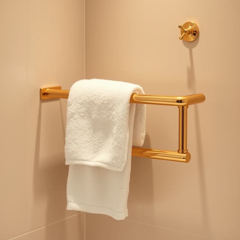 sleek gold towel warmer rack next to a free standing basin