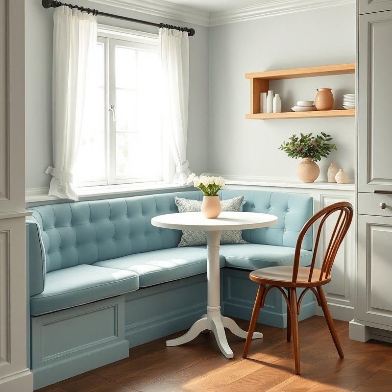 built-in kitchen banquette seating upholstered in pastel blue velvet