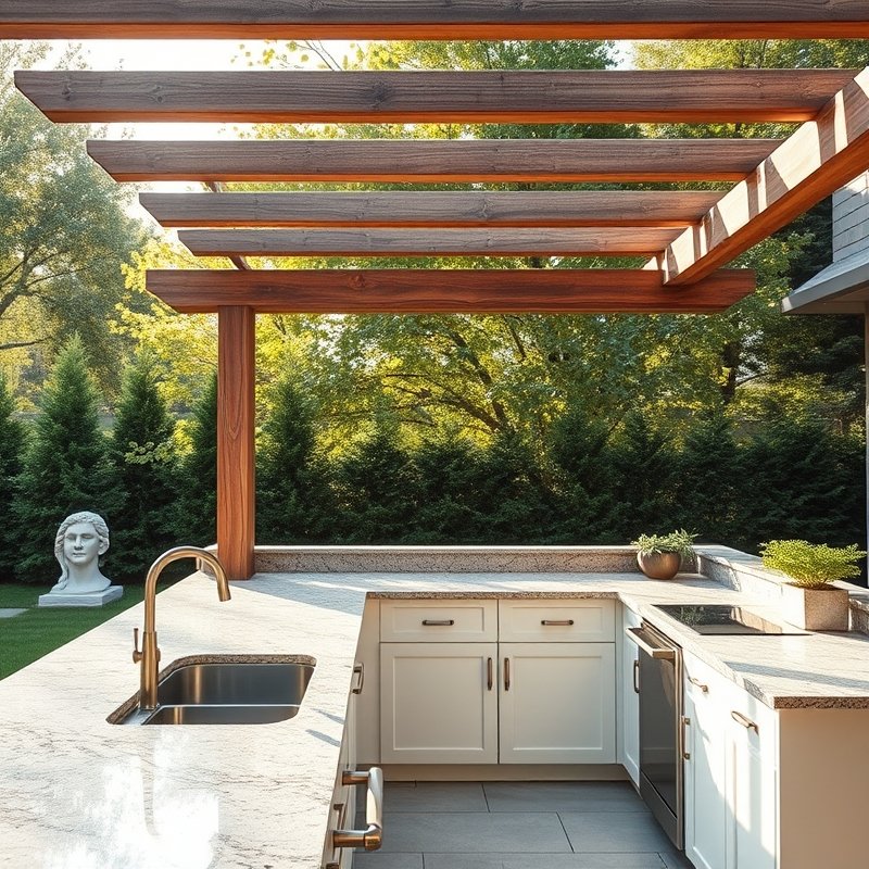23 Kitchen Outdoor Ideas That Create the Perfect Backyard Cooking Space Start Designing Today 4 L-shaped outdoor kitchen with sink and granite countertops under a wooden pergola