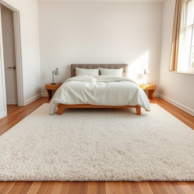 large light-colored rug under bed making room feel bigger