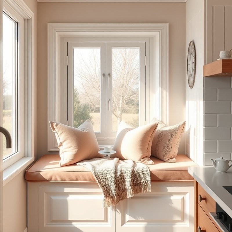 Window seat with blush velvet cushion and pillows in a kitchen nook