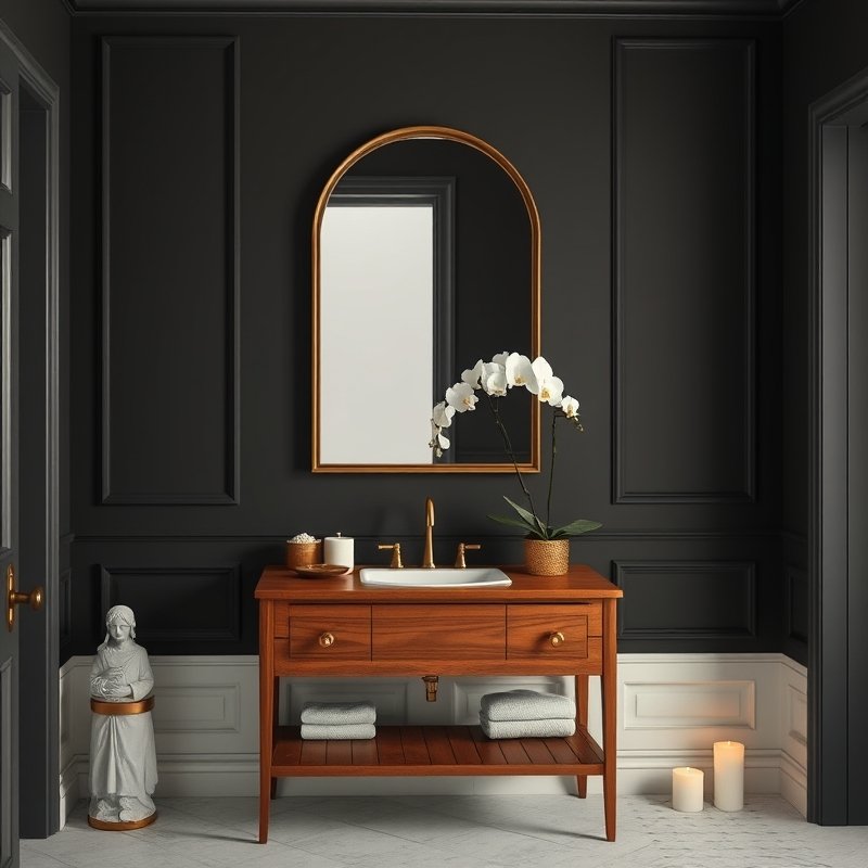 19 Cozy Bathroom Ideas That Make Your Space Feel Warm, Relaxing, and Inviting Try These Today 15 a small bathroom with deep charcoal walls and warm brass fixtures