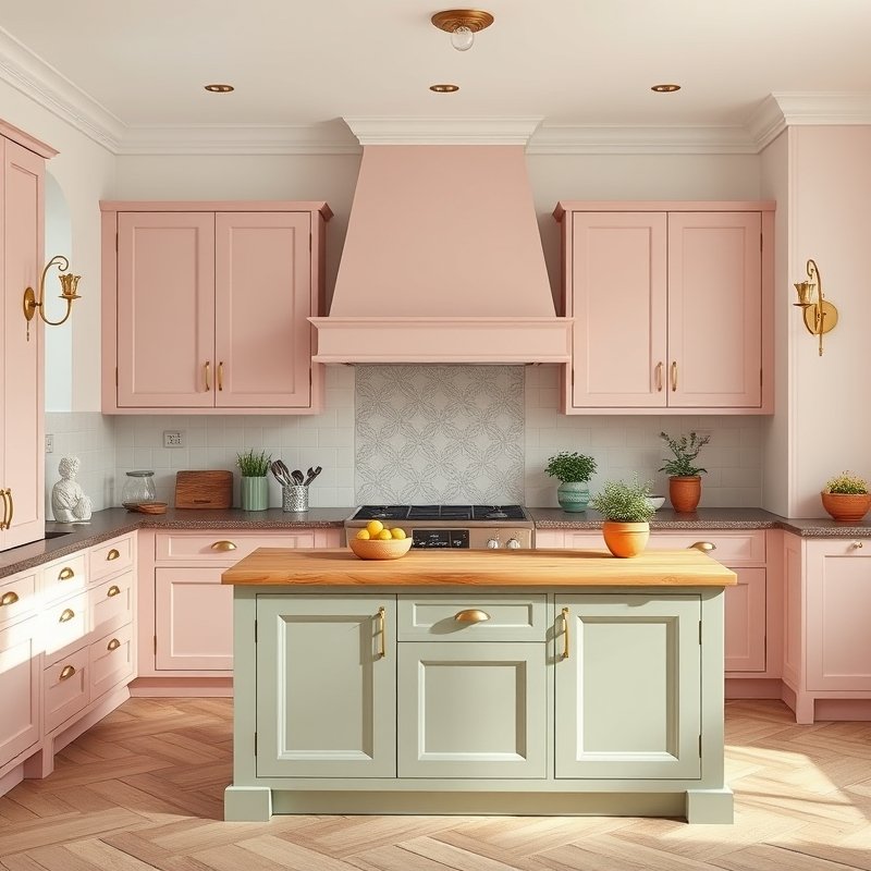 pastel pink cabinets with sage green island and potted herbs
