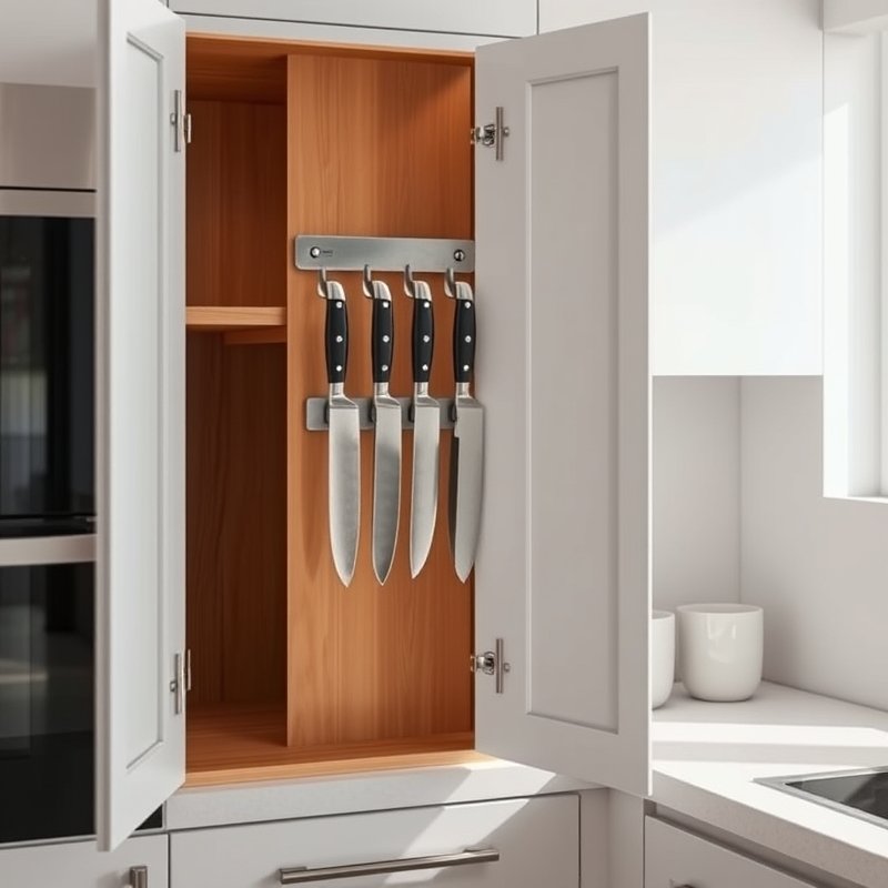 24 Kitchen Cabinets Ideas That Maximize Storage and Elevate Your Space Upgrade Your Kitchen Today 18 inside a kitchen cabinet door with a magnetic strip holding knives