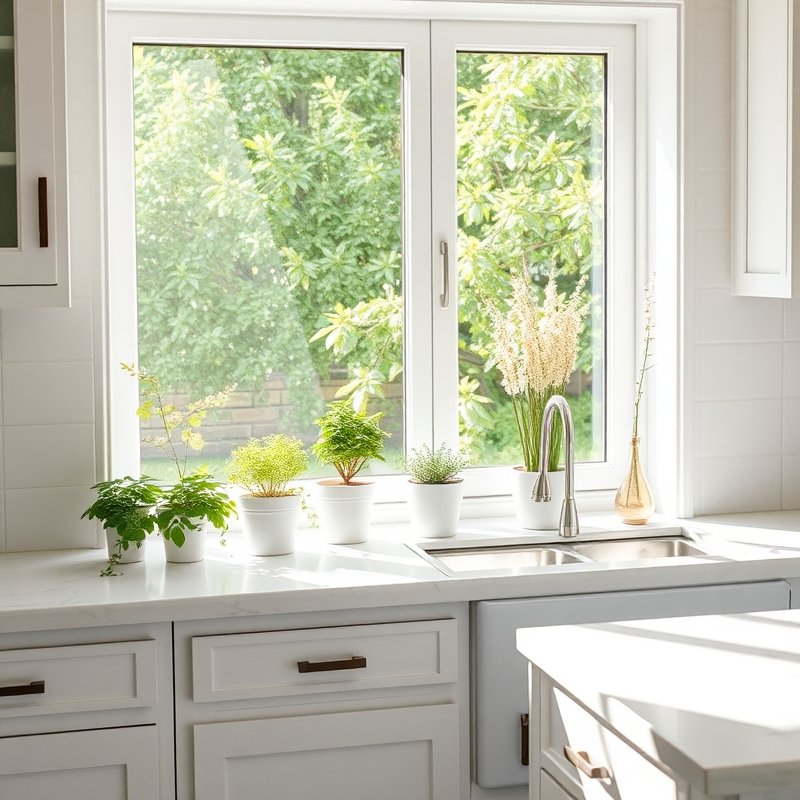 white kitchen windowsill filled with small potted plants in white ceramic pots, fresh herbs and trailing vines