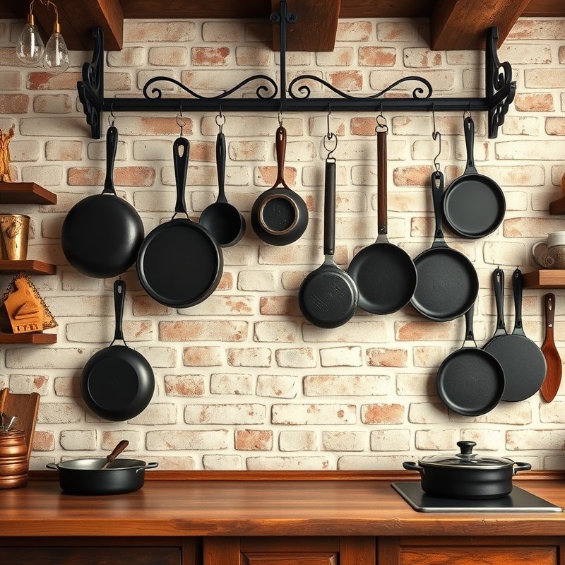 Rustic kitchen wall with cast iron skillets hanging on a black metal rack