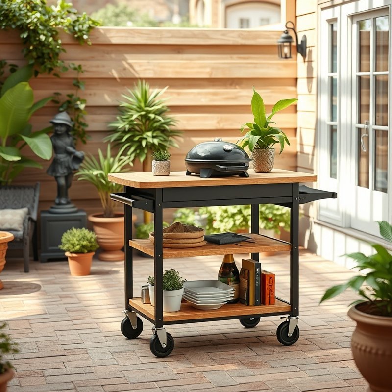 23 Kitchen Outdoor Ideas That Create the Perfect Backyard Cooking Space Start Designing Today 13 portable kitchen cart with grill top and storage shelves on a patio