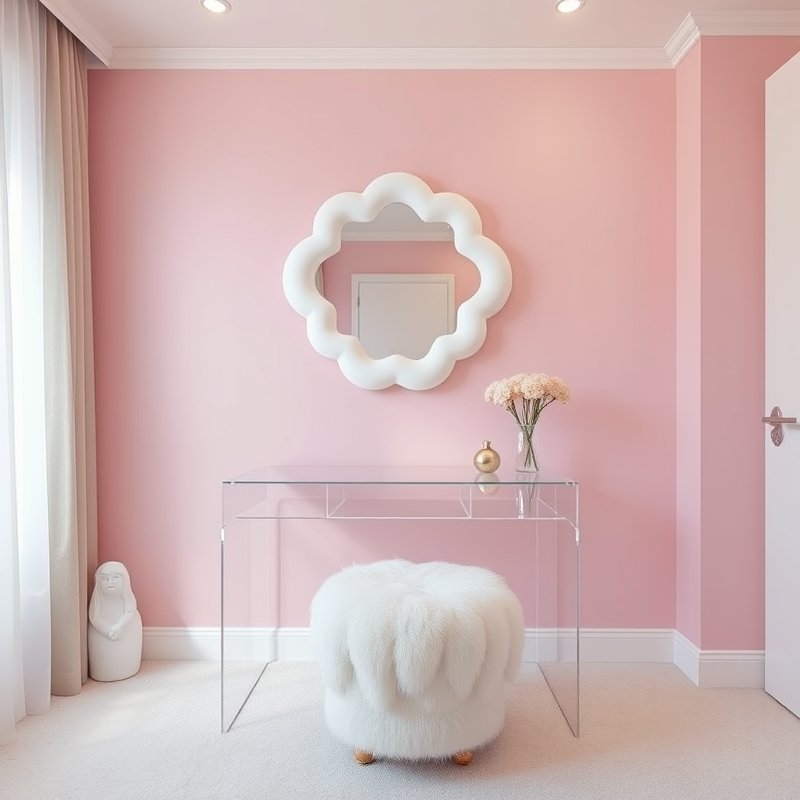 22 Teen Bedroom Ideas That Look Trendy, Cozy, and Pinterest Perfect Start Your Room Makeover 3 Acrylic vanity desk with cloud-shaped mirror and pastel pink walls