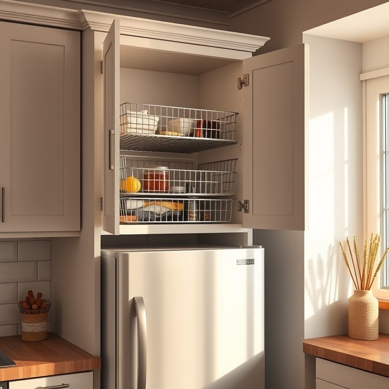 24 Kitchen Cabinets Ideas That Maximize Storage and Elevate Your Space Upgrade Your Kitchen Today 16 cabinet above refrigerator with pull-out wire baskets