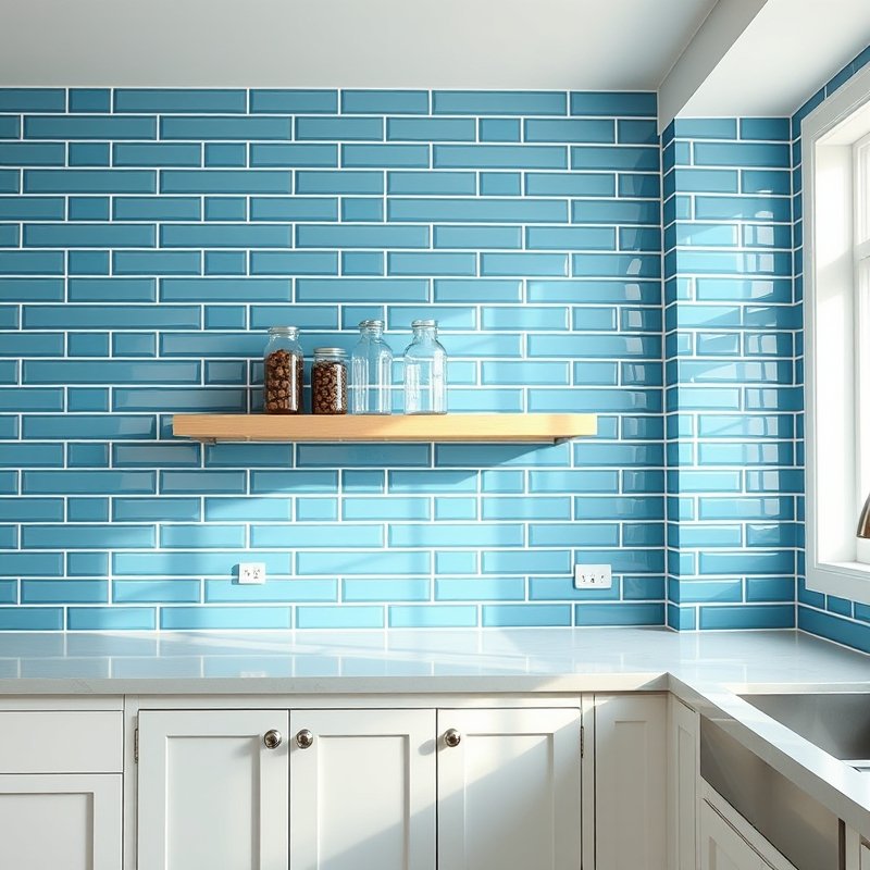 kitchen with glossy ocean blue subway tile backsplash, white grout, wooden shelf
