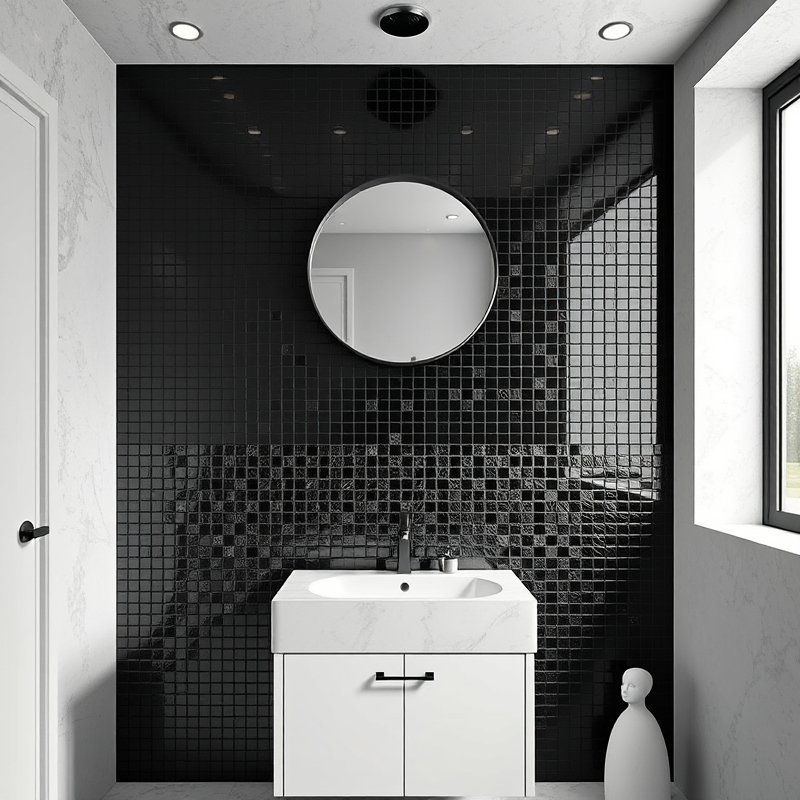 23 Black Bathroom Ideas That Look Bold, Modern, and Ultra Stylish Upgrade Your Space Today 20 bathroom vanity with black glass mosaic backsplash and mirror
