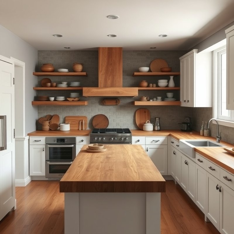 Warm butcher block countertops in a rustic kitchen with visible wood grain