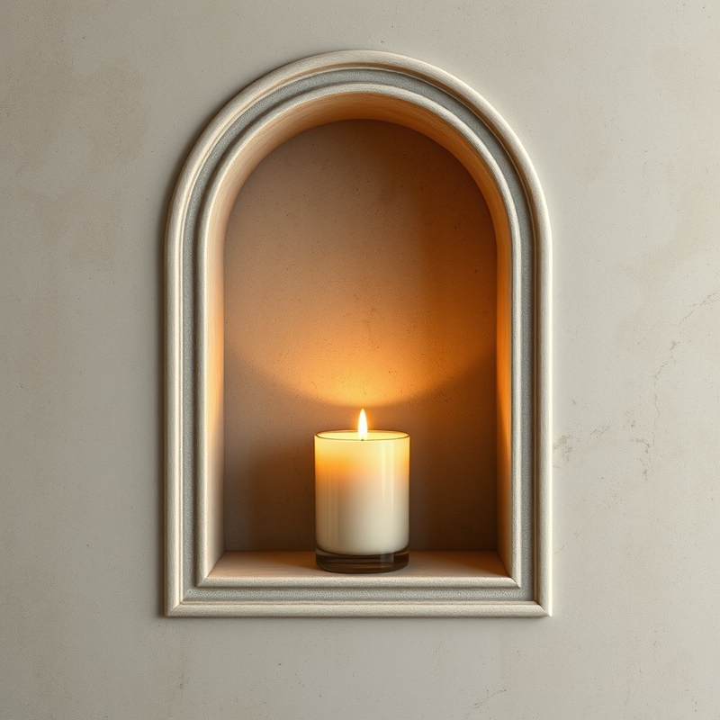 small arched nook in a bathroom wall with a glowing scented candle