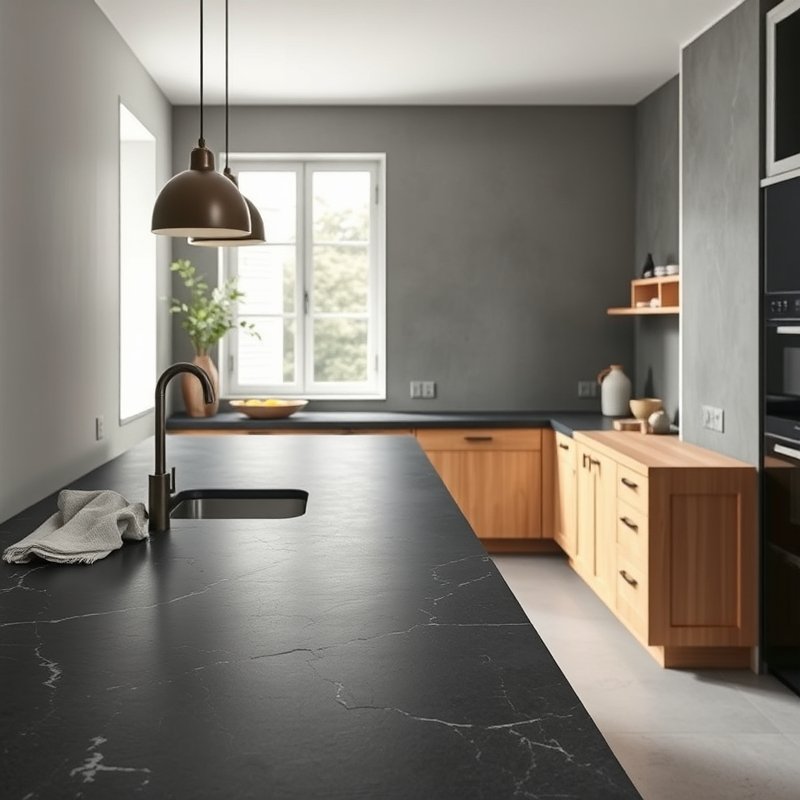 21 Japandi Kitchen Ideas That Blend Minimalist Style With Natural Calm Start Styling Now 8 matte soapstone countertop with visible veining and a wooden cutting board