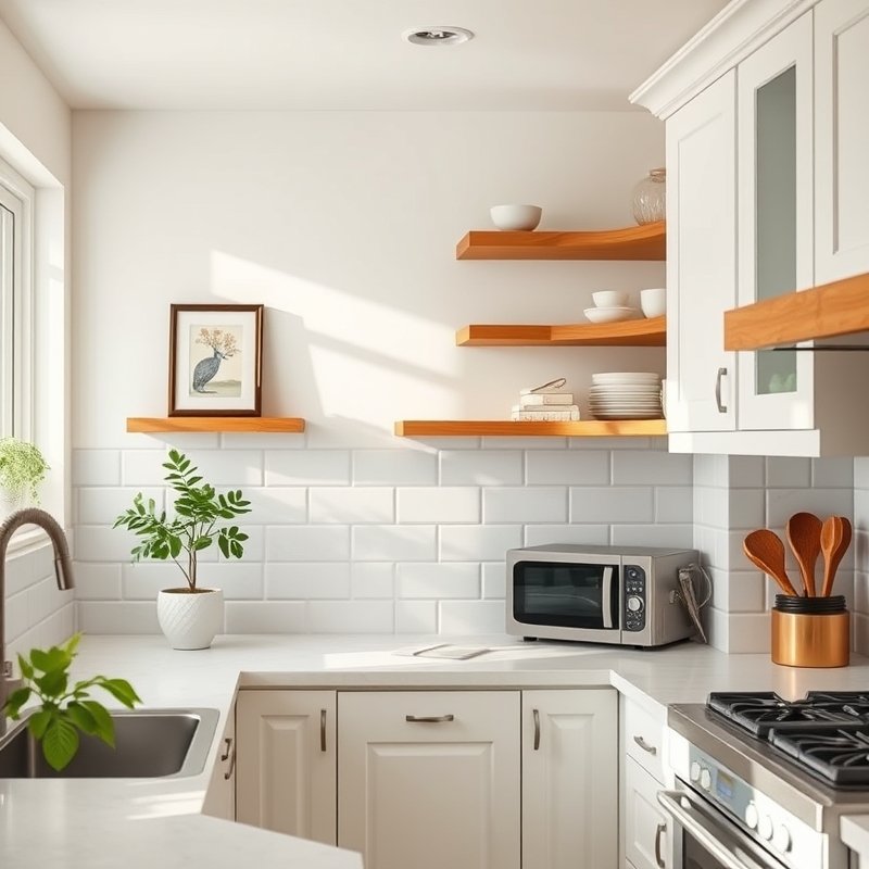 20 Kitchen Decor Ideas 2026 That Transform Your Space With Modern Style and Charm Upgrade Now 9 corner floating shelves with art and plants in kitchen