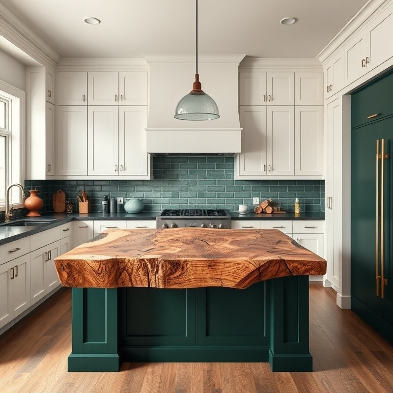 20 Green Kitchen Ideas That Bring Fresh, Natural Vibes Into Your Home Try This Look Now 6 Kitchen island painted deep forest green with a thick wooden countertop