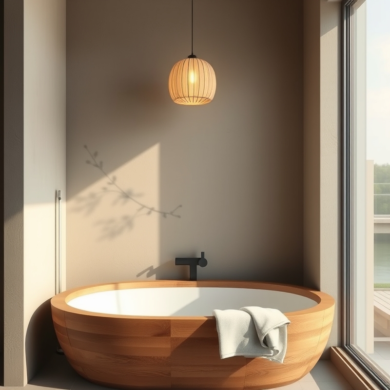 peaceful japandi bathroom corner with wooden tub and branch decor