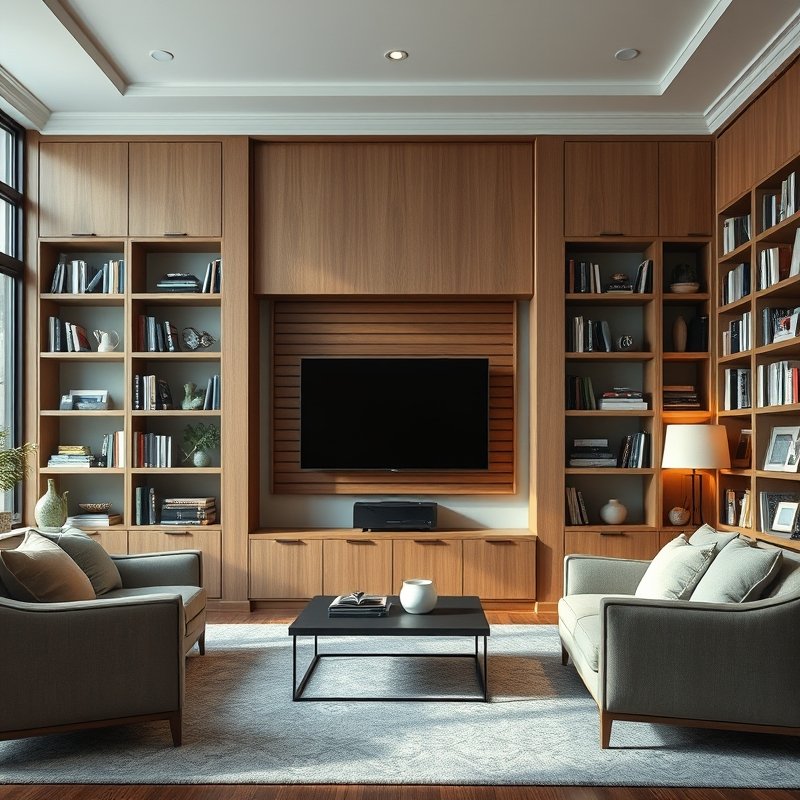 21 Living Room Ideas 2026 That Bring Fresh Trends and Modern Style Into Your Home Stay Ahead Now 4 Built-in bookshelf with hidden TV panel behind sliding art