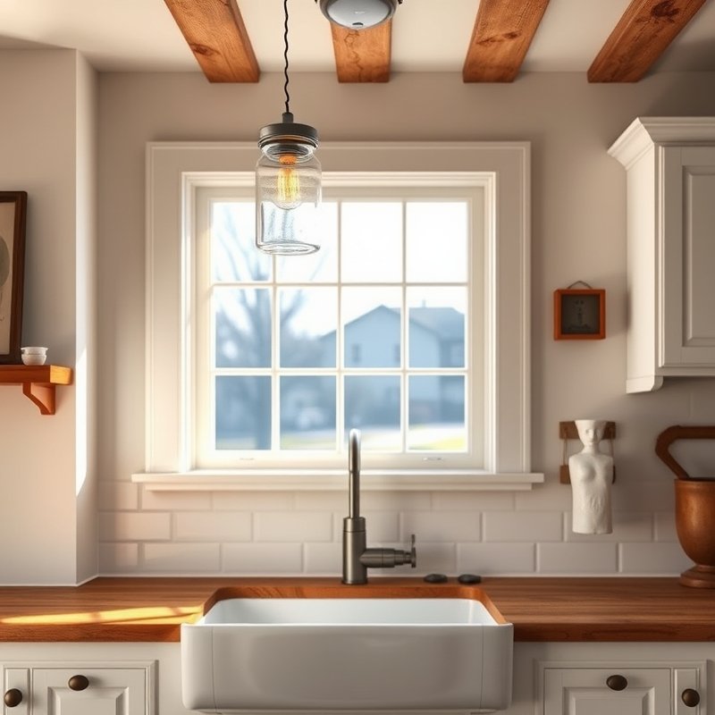 Mason jar pendant lights hanging over a rustic kitchen sink