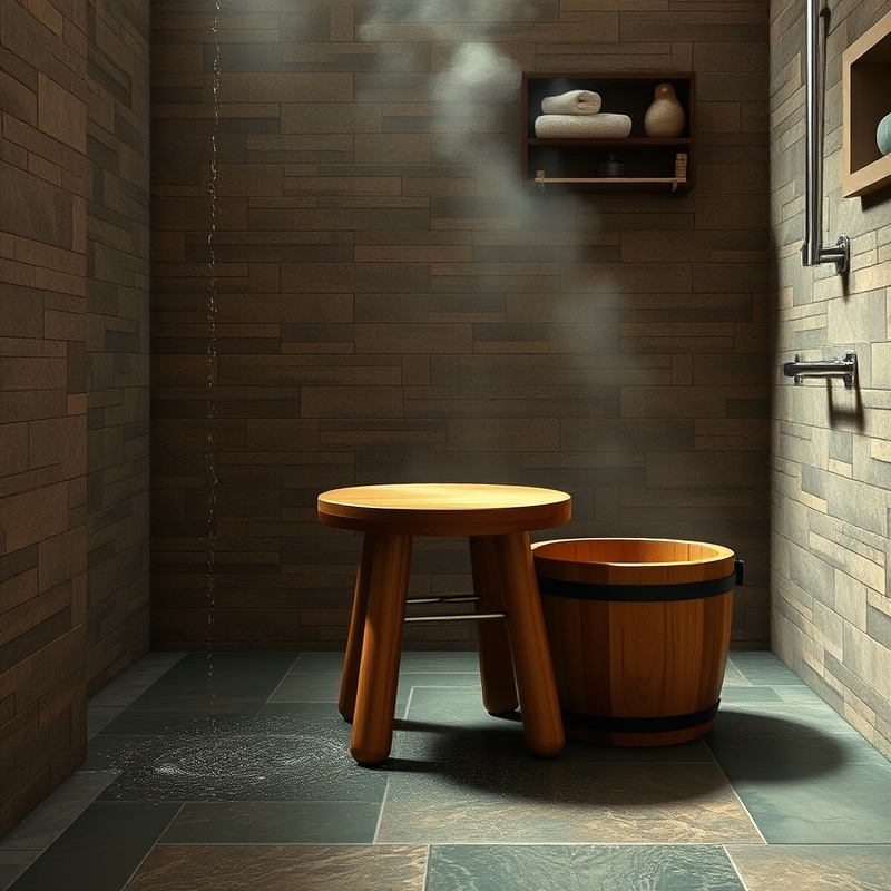 hinoki wood bathing stool and bucket in a shower area