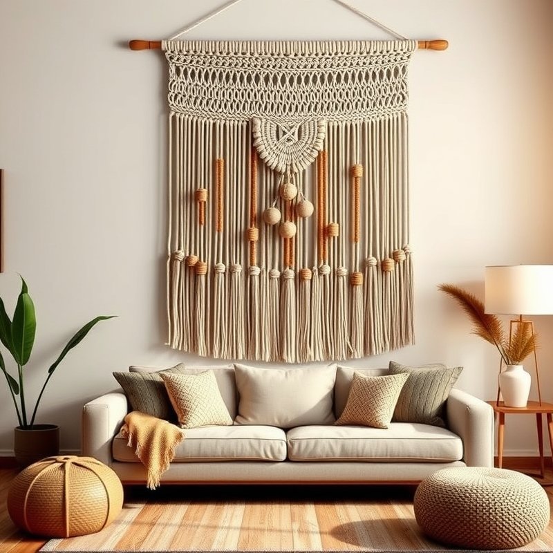 21 Living Room Ideas 2026 That Bring Fresh Trends and Modern Style Into Your Home Stay Ahead Now 15 Large macrame wall hanging with wooden beads over a sofa