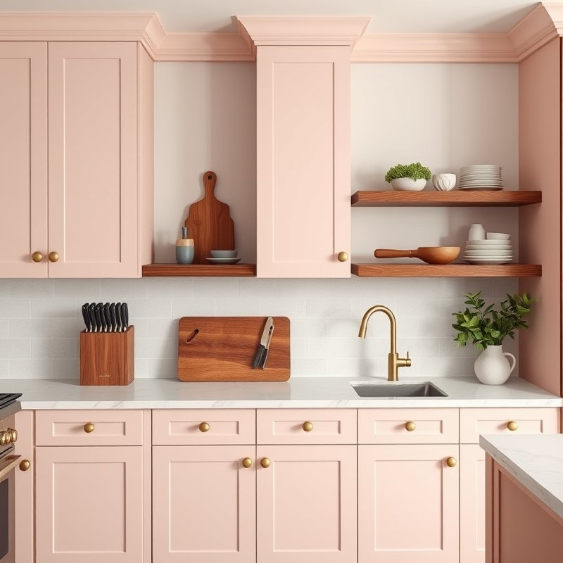 blush pink cabinets with warm walnut open shelves and cutting boards