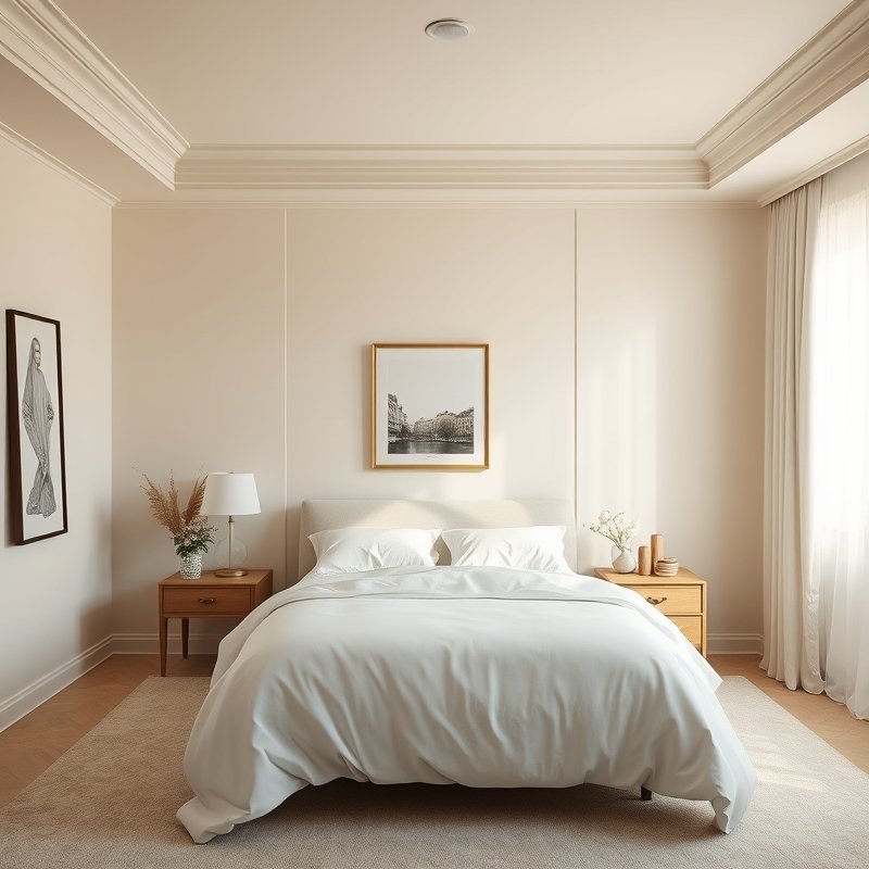 bedroom with ceiling painted slightly lighter than walls