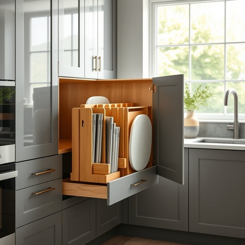 24 Kitchen Cabinets Ideas That Maximize Storage and Elevate Your Space Upgrade Your Kitchen Today 12 vertical divider cabinet holding baking sheets and cutting boards