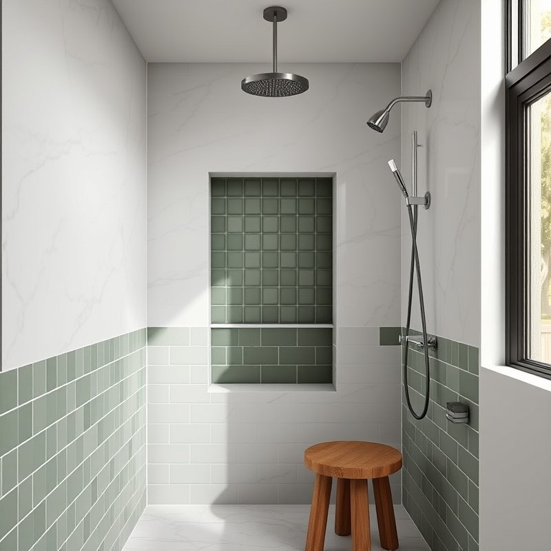 19 Green Tile Bathroom Ideas That Bring Fresh Nature Vibes and Texture Try This Look Now 6 matte olive green tile shower niche with toiletries