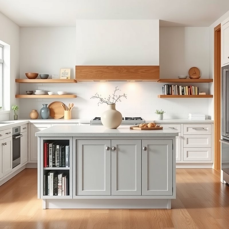 22 Island Kitchen Ideas That Add Style, Storage, and Function Upgrade Your Space Today 17 kitchen island side with open shelves holding cookbooks and a small plant