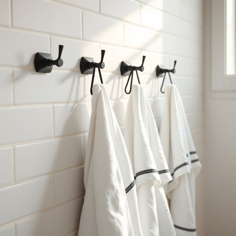 24 Black and White Bathroom Ideas That Create a Timeless, Elegant Look You Must Try 24 black towel hooks with hanging white linen towels on a white wall