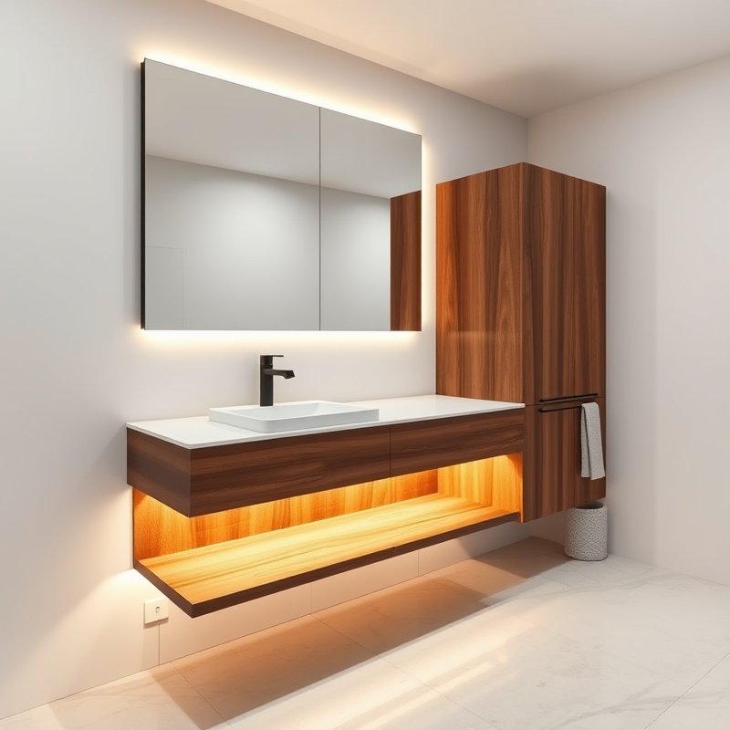23 Modern Luxury Bathroom Ideas That Create a Sleek and Elegant Retreat You’ll Love This 2 floating vanity with warm integrated lighting in a modern bathroom
