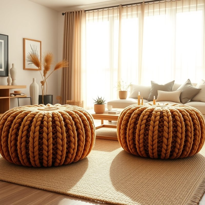 21 Living Room Ideas 2026 That Bring Fresh Trends and Modern Style Into Your Home Stay Ahead Now 5 Two chunky knit poufs in caramel and oat tones on a jute rug