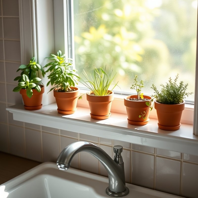 20 Green Kitchen Ideas That Bring Fresh, Natural Vibes Into Your Home Try This Look Now 17 Kitchen windowsill lined with small potted herbs like basil and chives